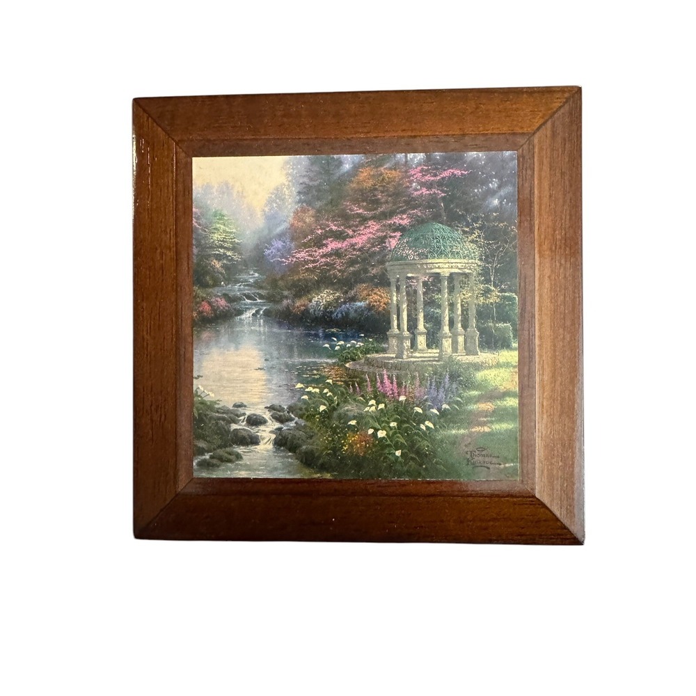 Thomas Kinkade Avon Wooden Jewelry Box 2003 Garden Gazebo Mirror Velvet Tray